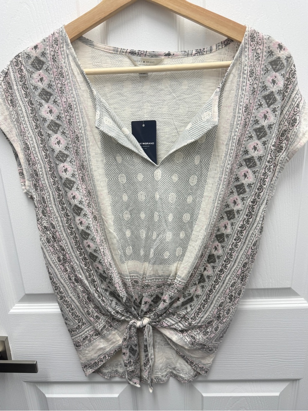 Lucky Brand Bandana Pattern Boho Festival Tie Front Short Sleeve Top NWT Small
